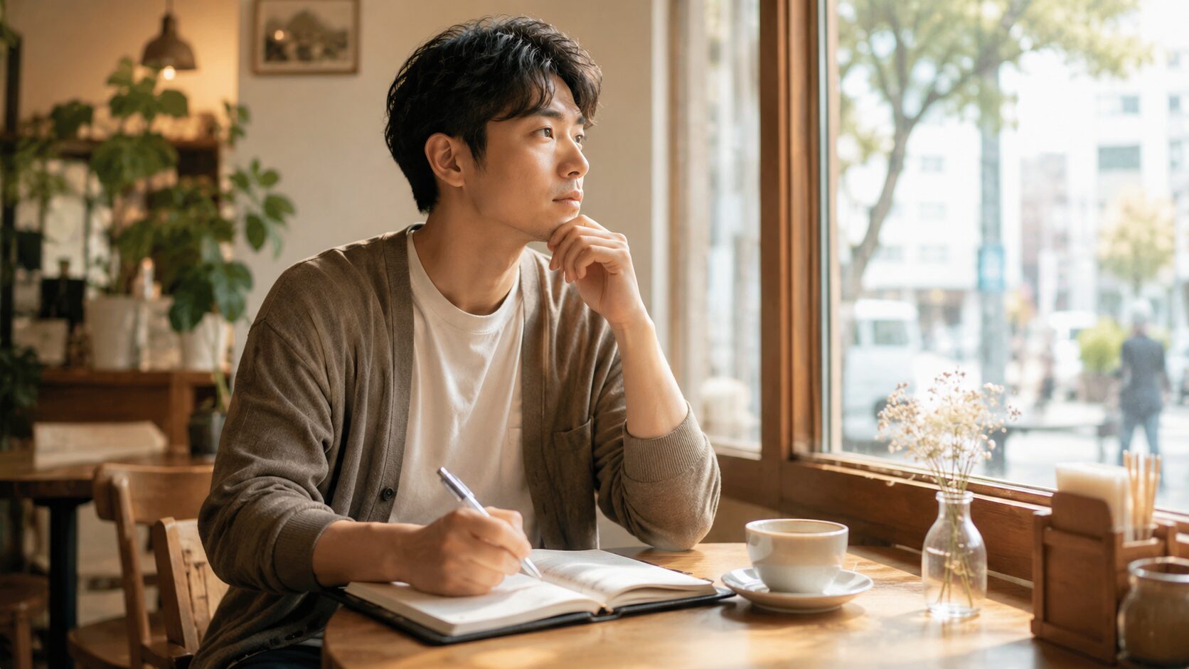 Contemplative moment in a cozy cafe