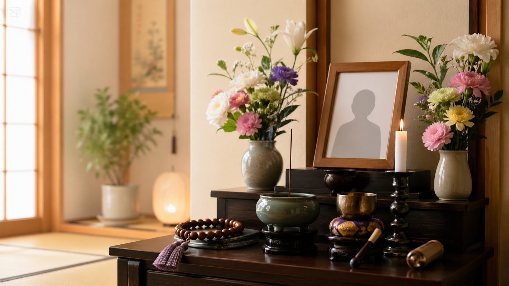 Serene Japanese altar in soft light