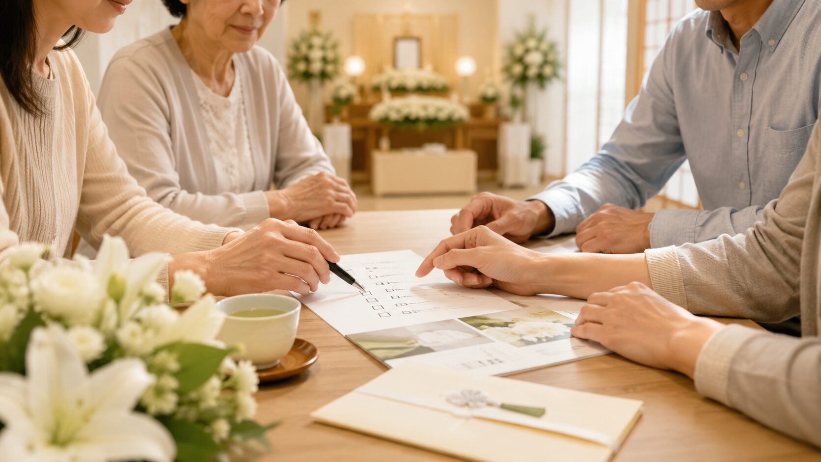 家族で葬儀の役割分担を相談している様子