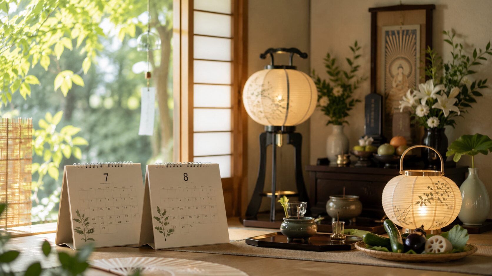 Serene Japanese altar with lanterns and offerings