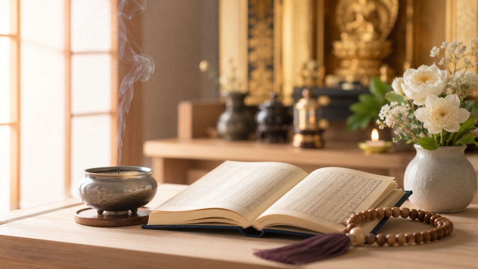 Serene altar with incense and prayer beads