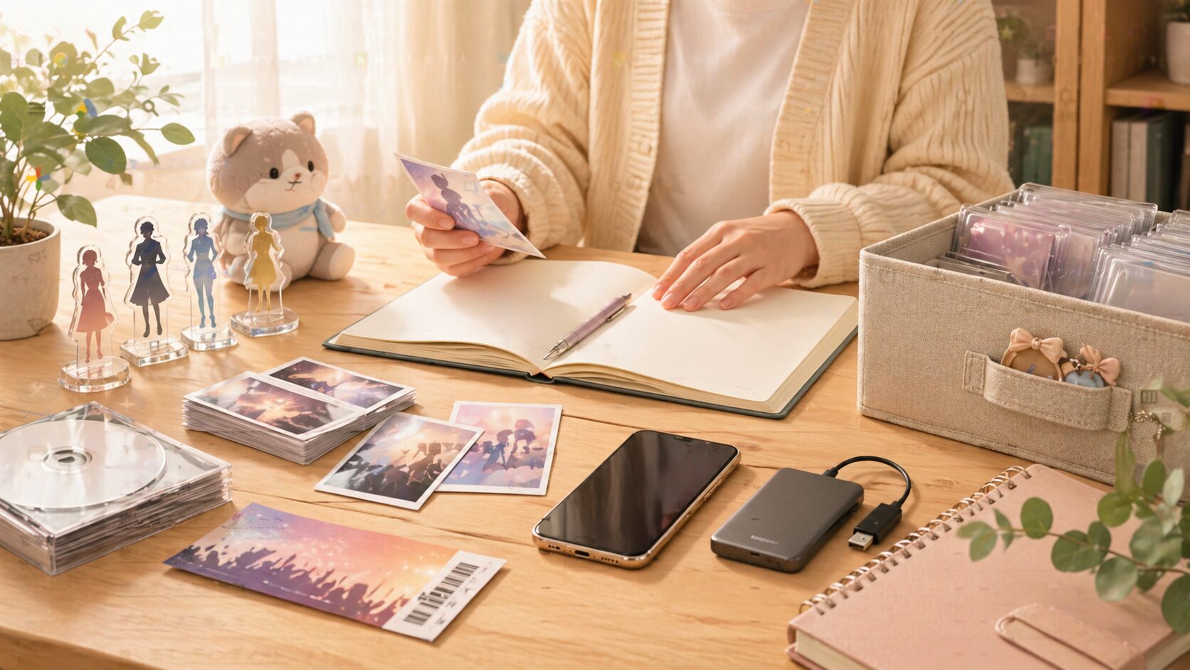 Cozy desk setup with fan collectibles