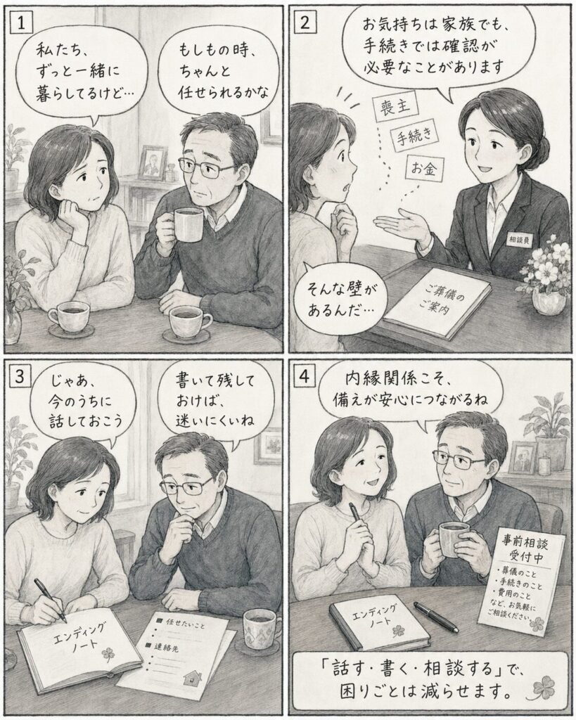 内縁関係や事実婚の夫婦が、もしもの時の葬儀や手続きについて話し合い、エンディングノートや事前相談で備えを進める4コマ漫画。