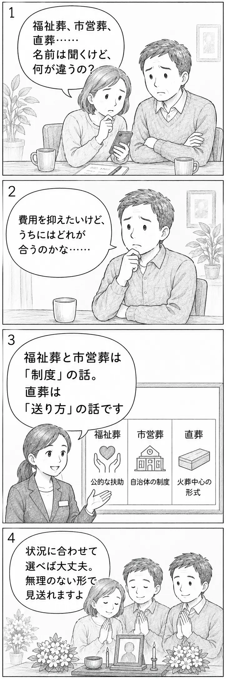 福祉葬・市営葬・直葬の違いを縦4コマで解説。家族が費用を相談し、福祉葬と市営葬は制度、直葬は送り方の話だと知り、状況に合うお別れを考える。