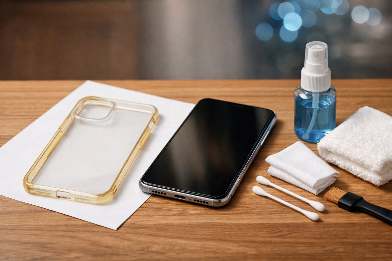 スマホとケース、メンテナンス道具