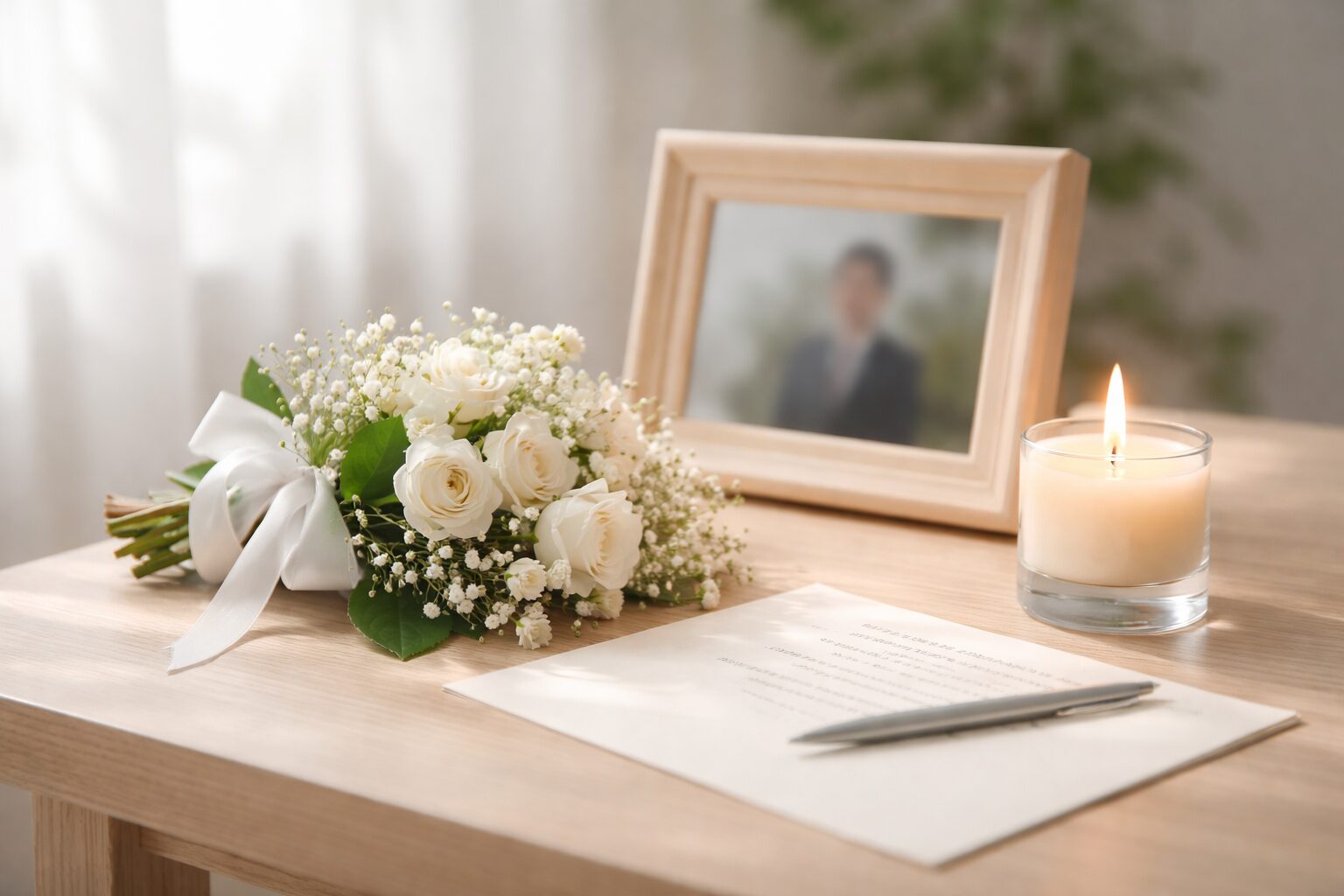 デスクの上に写真蝋燭花束がある画像