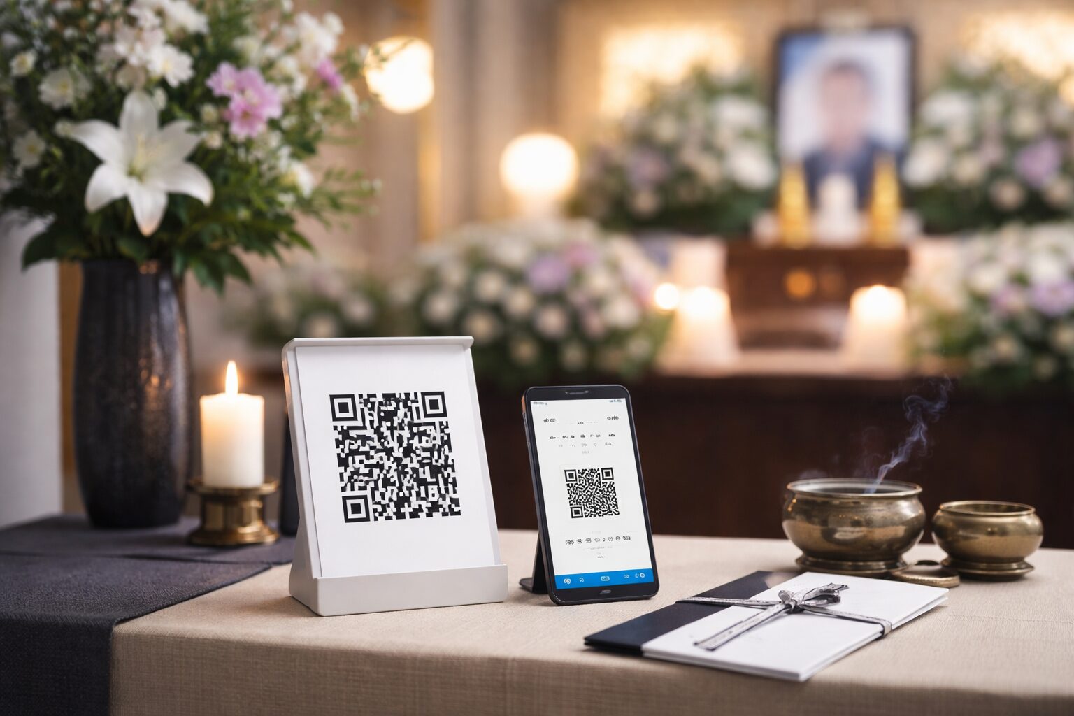 受付代に置かれるQRコード