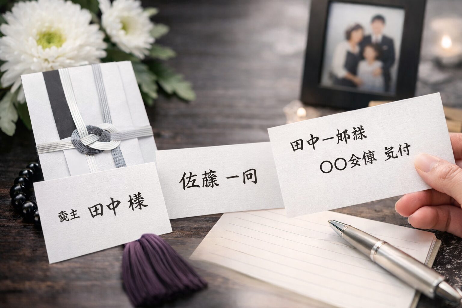 弔電宛名の書き方例。背景はお花と写真。