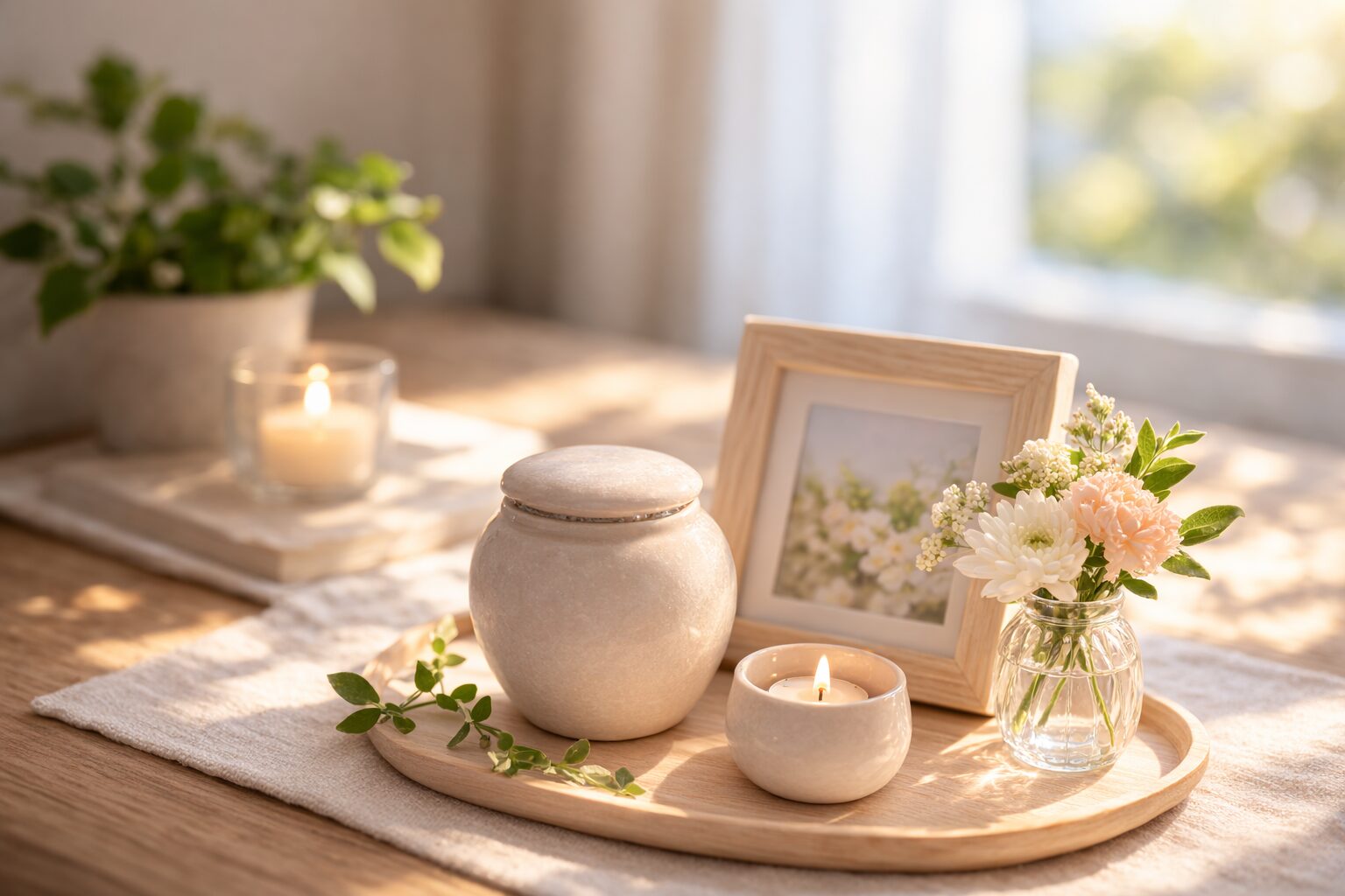 窓辺のやわらかな光に包まれた手元供養のイメージ。白い骨壺、ろうそく、花、小さな写真立てを木のトレーに静かに飾った室内風景