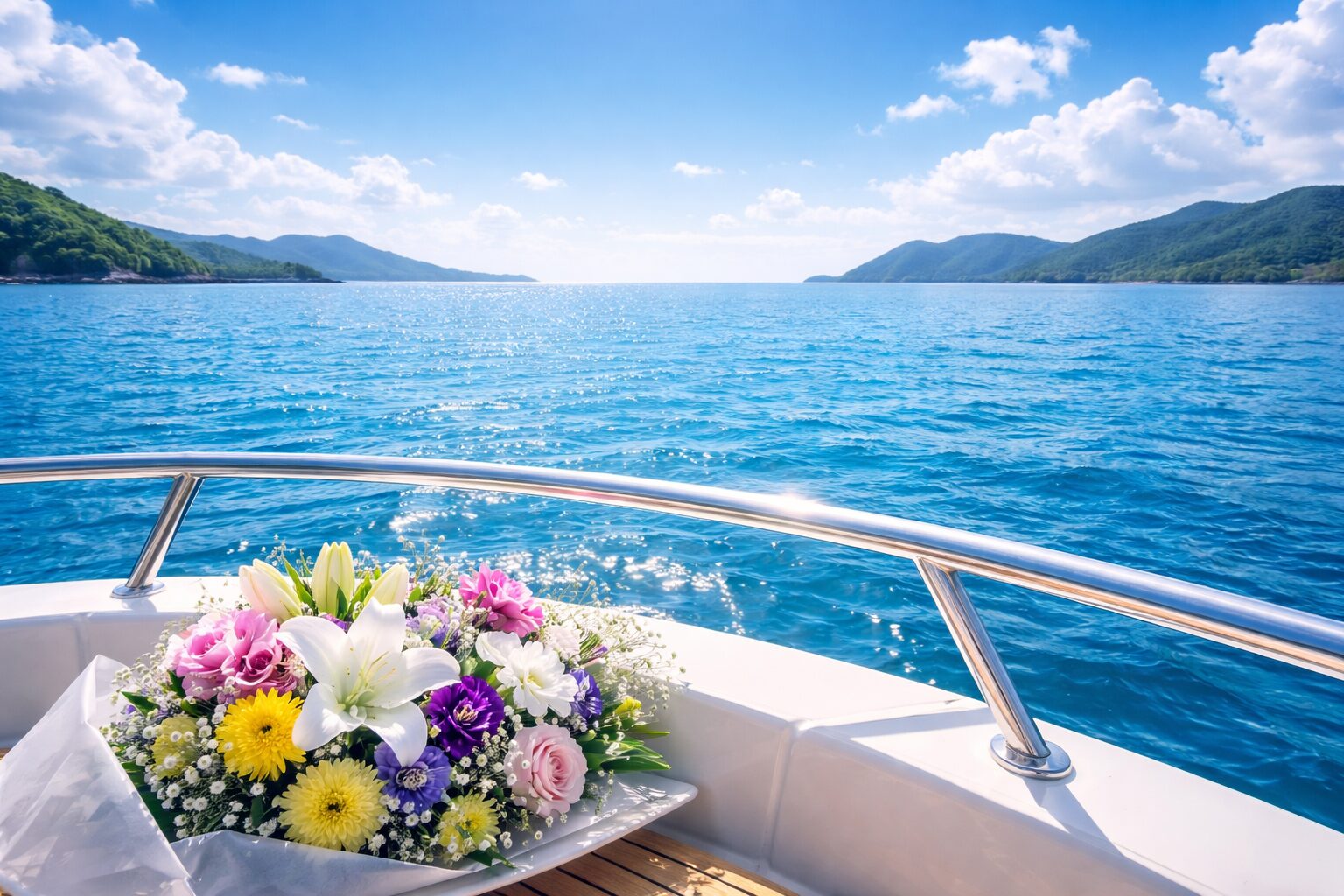 海上クルーザーで散骨をする絵