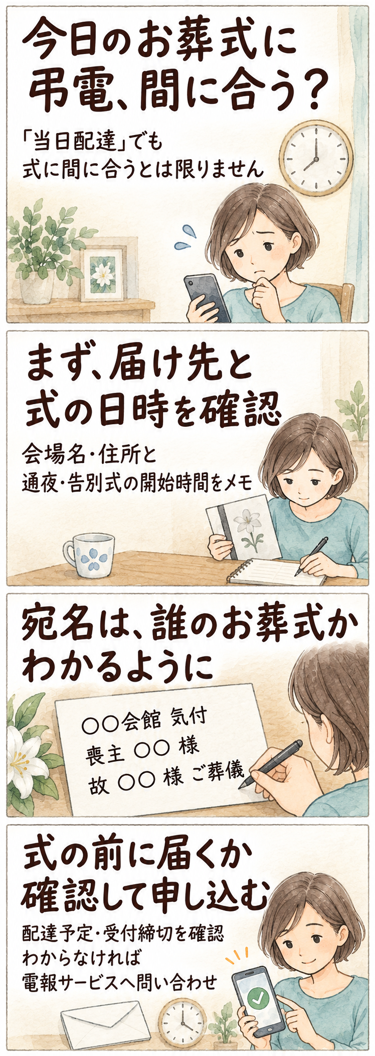 弔電を送る前に、会場名・住所・式の日時、式場気付の宛名、式前に届く配達予定と受付締切を確認する4コマ。