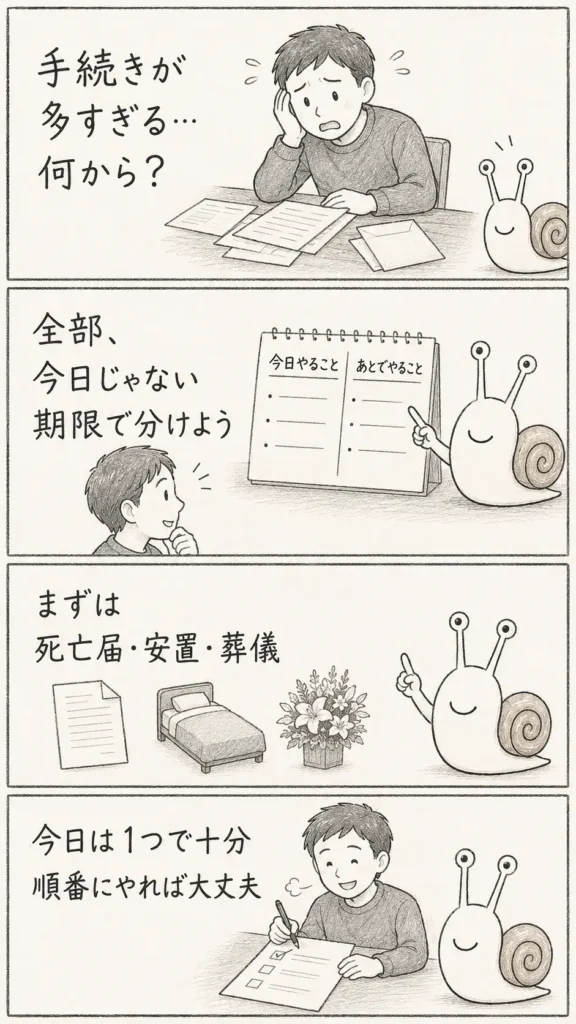 死亡後の手続きを期限で分け、今日やることから進める縦4コマ