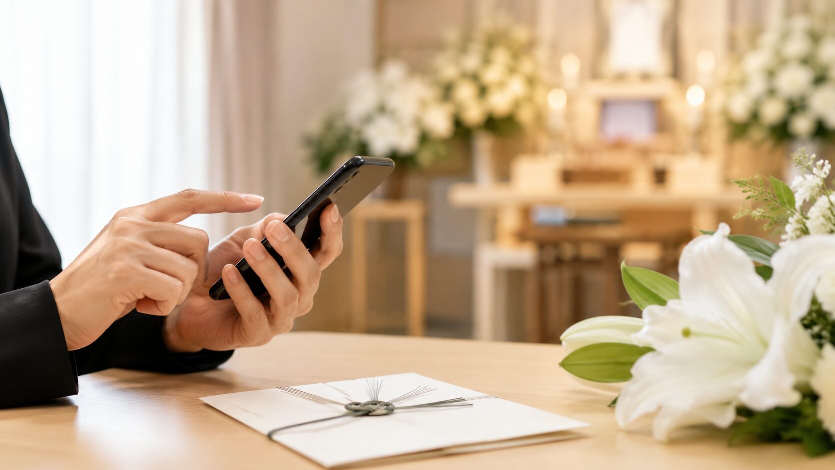 Serene moment with phone and flowers