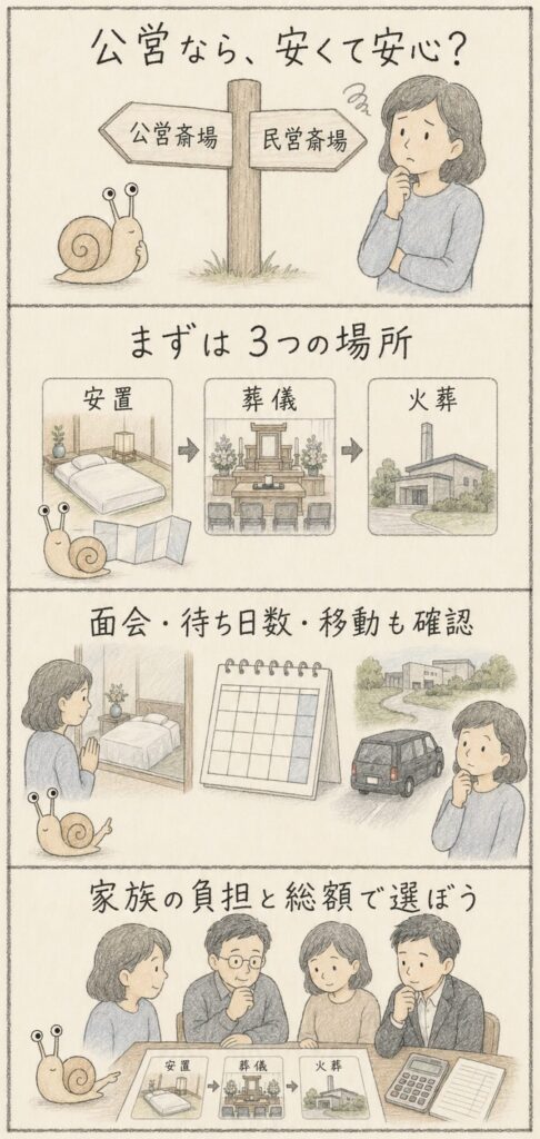 公営斎場と民営斎場を、安置・葬儀・火葬の場所、面会、待ち日数、移動、総額で比べる4コマ