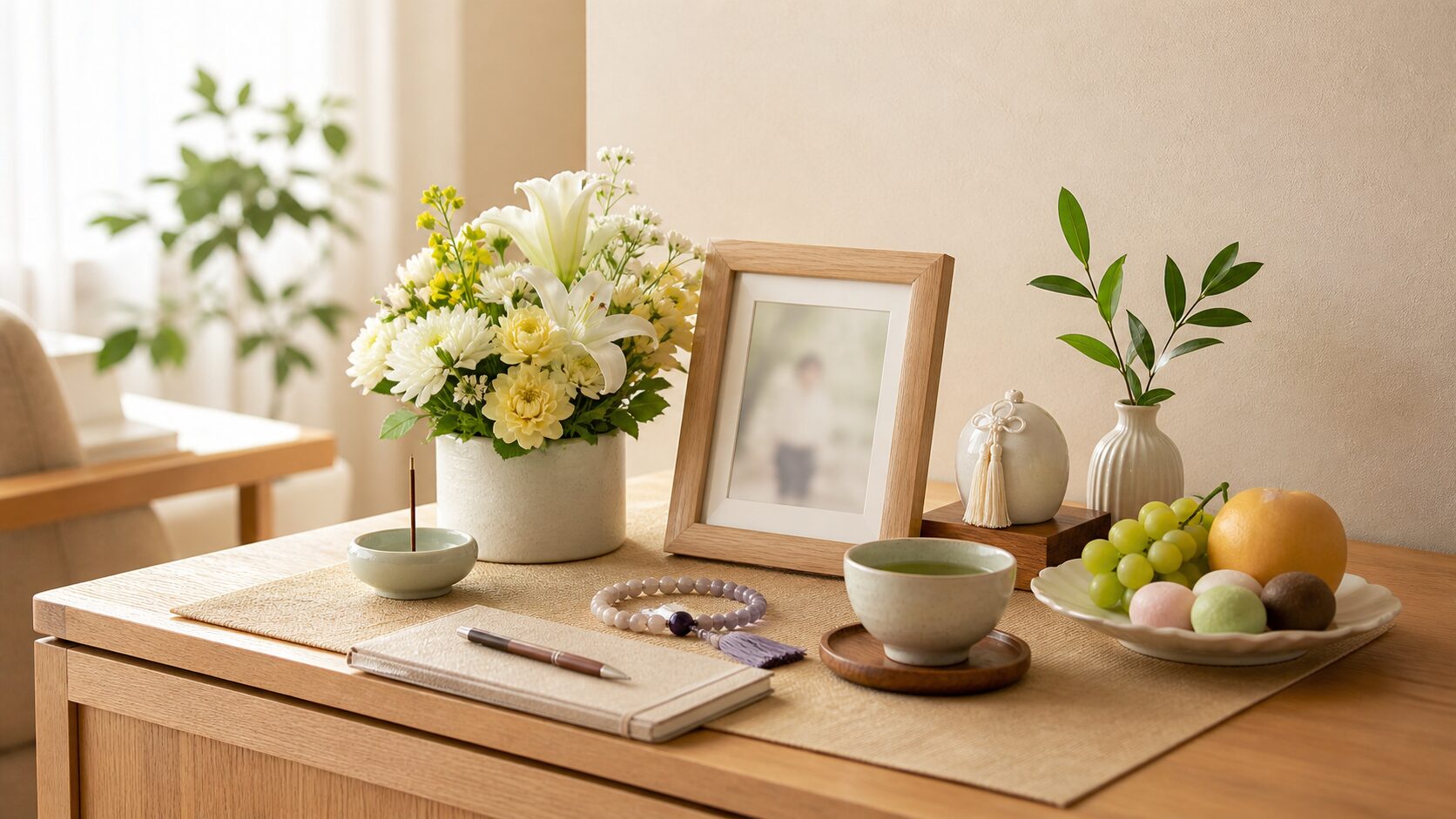 Serene altar with floral and offerings