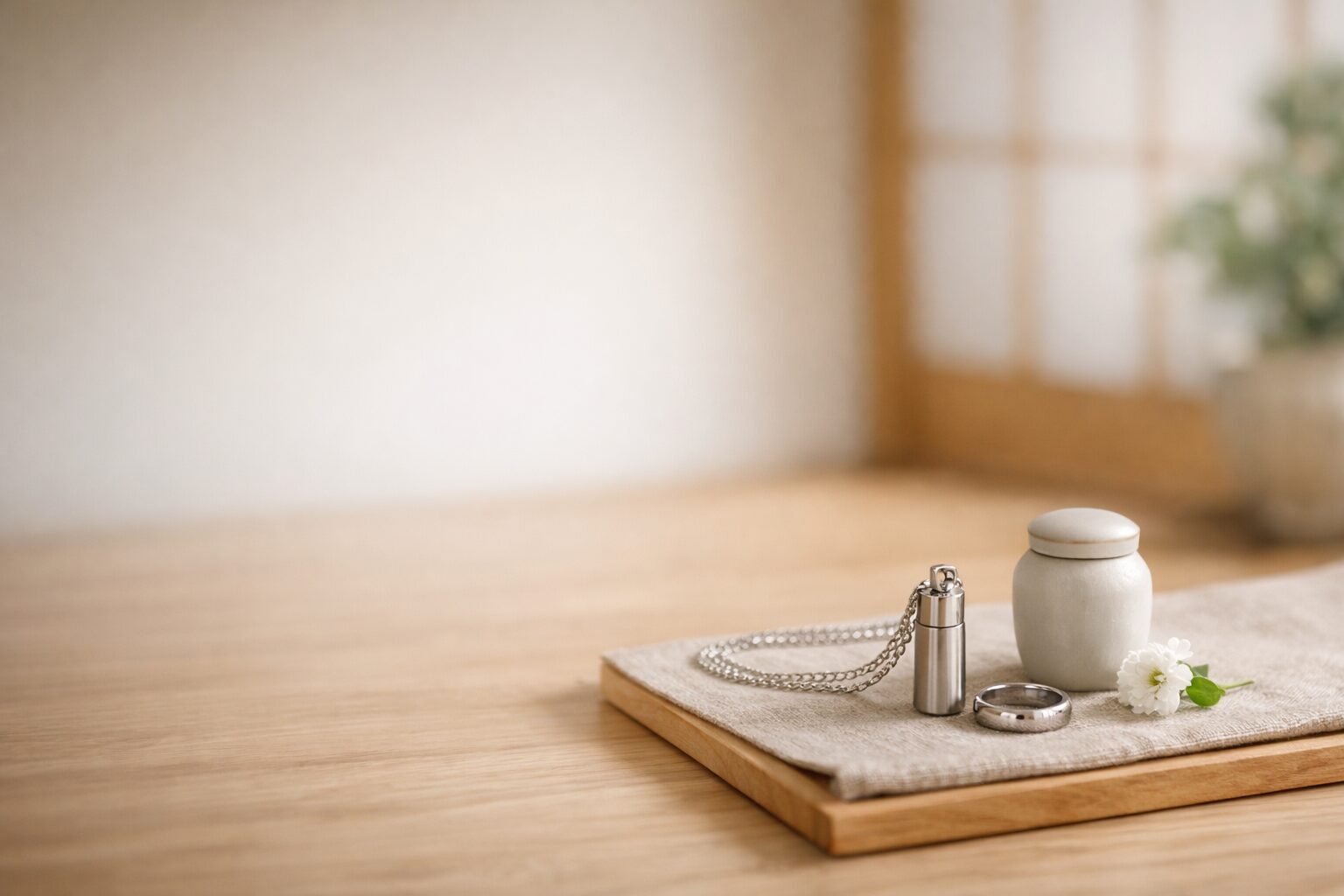 遺骨ペンダントとリング、ミニ骨壺を並べた手元供養のイメージ
