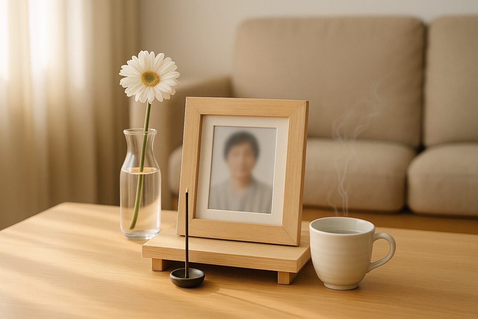 自宅の小さな供養スペース（花・写真立て・線香・湯のみ）