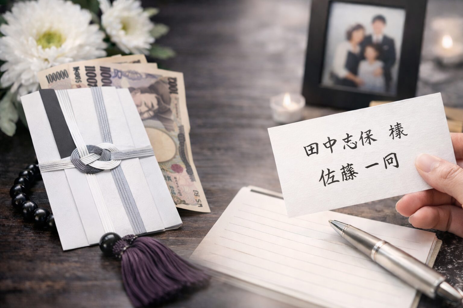香典と弔電のイメージ。背景に写真がある。