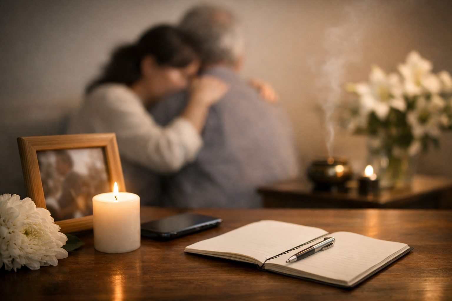 写真とメモ、奥に抱き合う遺族と花とお香