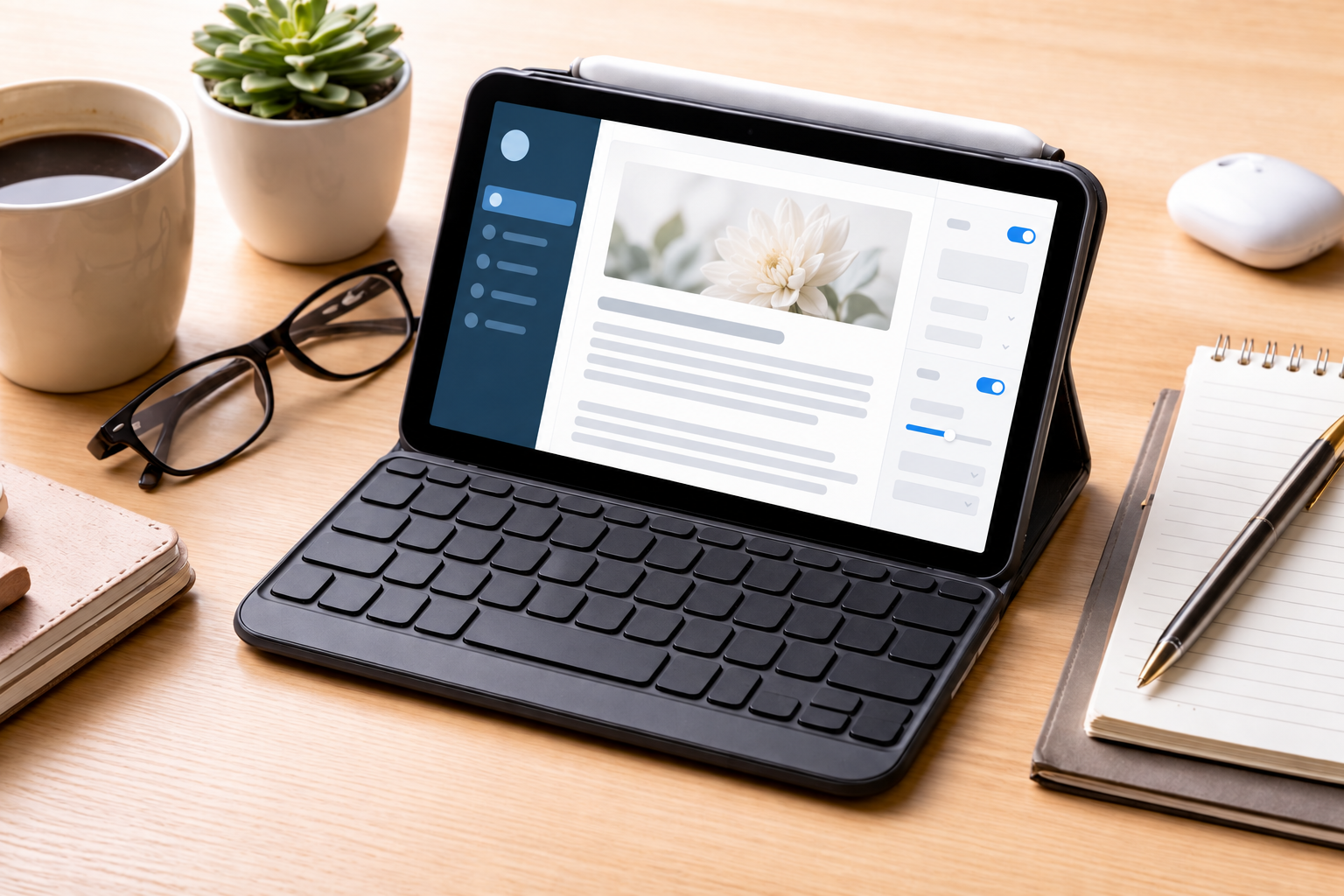 外付けキーボード付きのiPadに、文章と画像の配置を示す編集画面を表示したイメージ