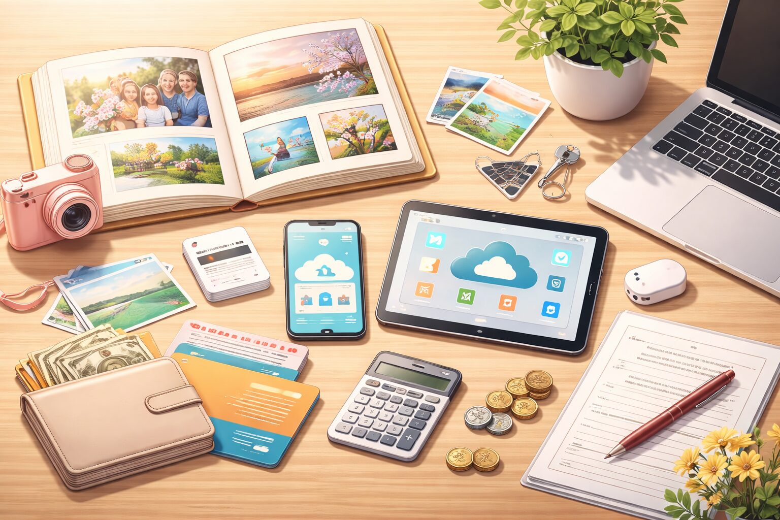 PCやタブレット、カメラや写真など数々のものが散らばる図