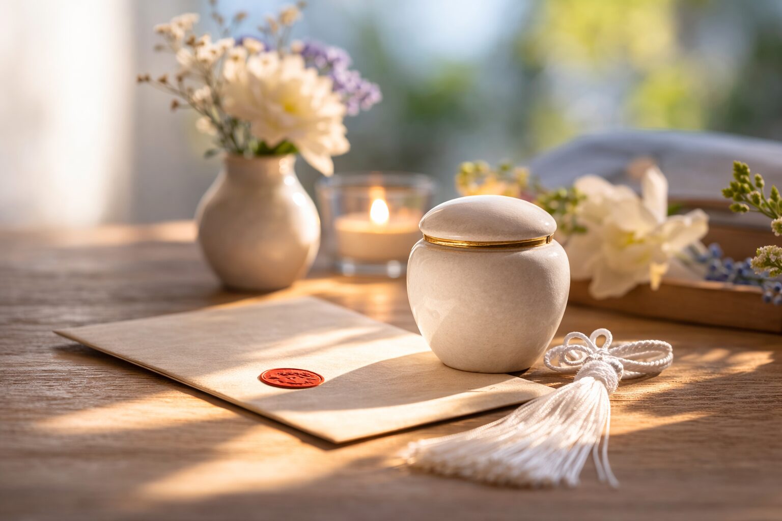 机の上に花と骨壺があるイラスト