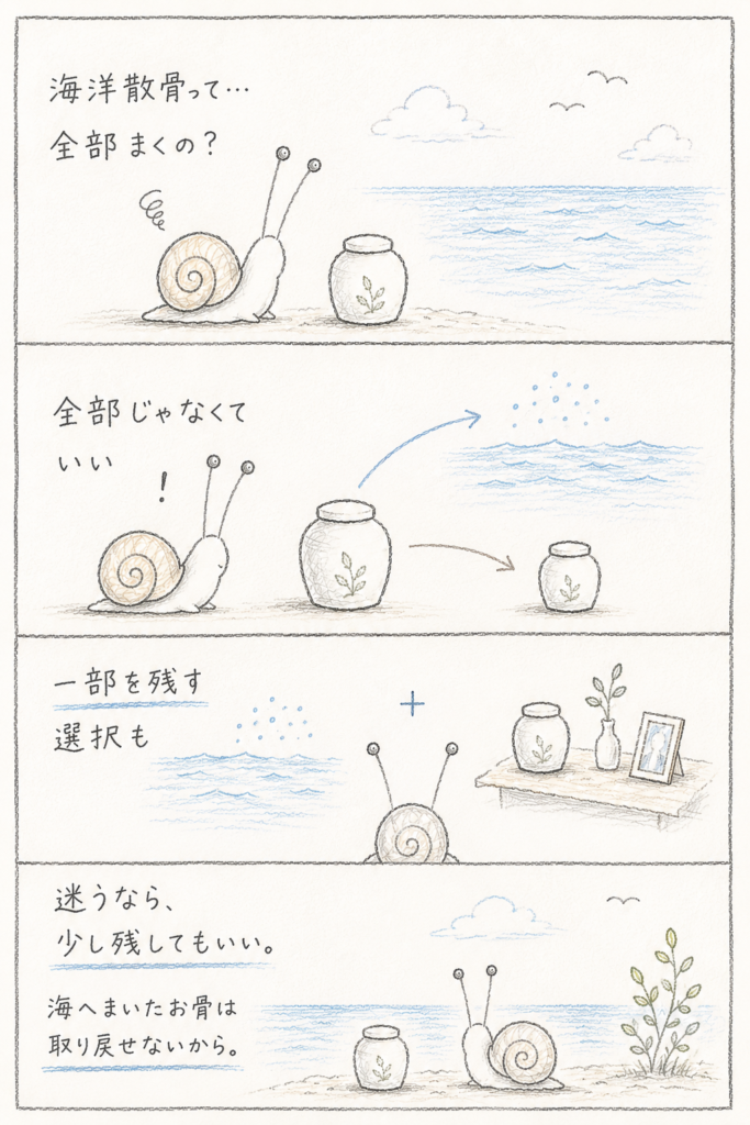 海洋散骨は全部まかなくてもよいことを解説する4コマ