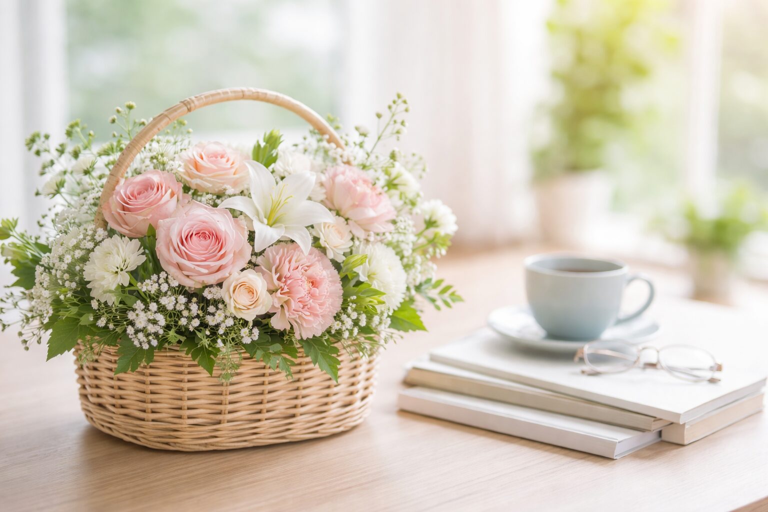 花と本のある朝のひととき