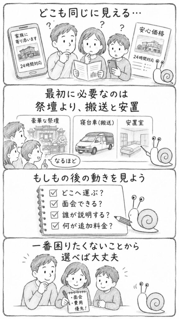 葬儀社を搬送・安置・面会・追加料金で比較する4コマ