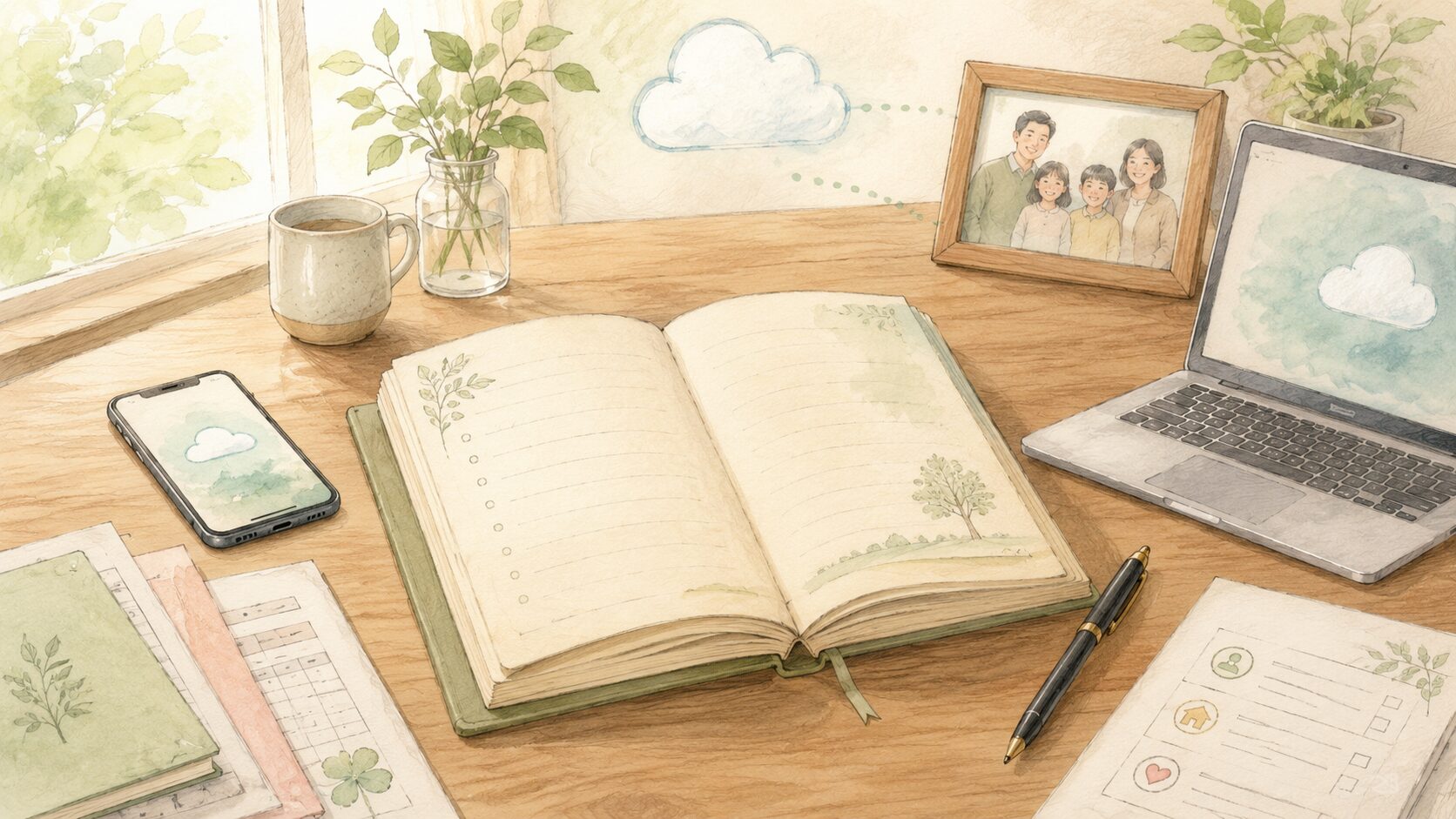 Cozy desk with cloud-themed imagery