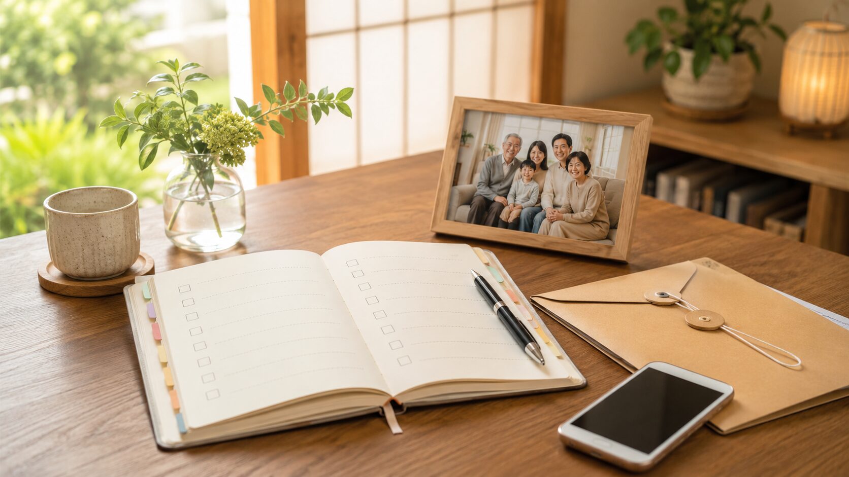 Serene home office with family touch