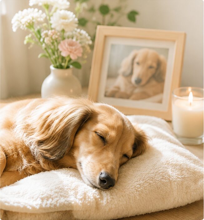 写真立てと花のそばで眠る犬