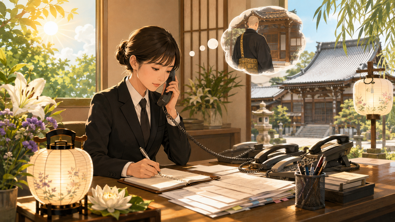 お盆の寺院紹介について電話で調整する葬儀社スタッフ