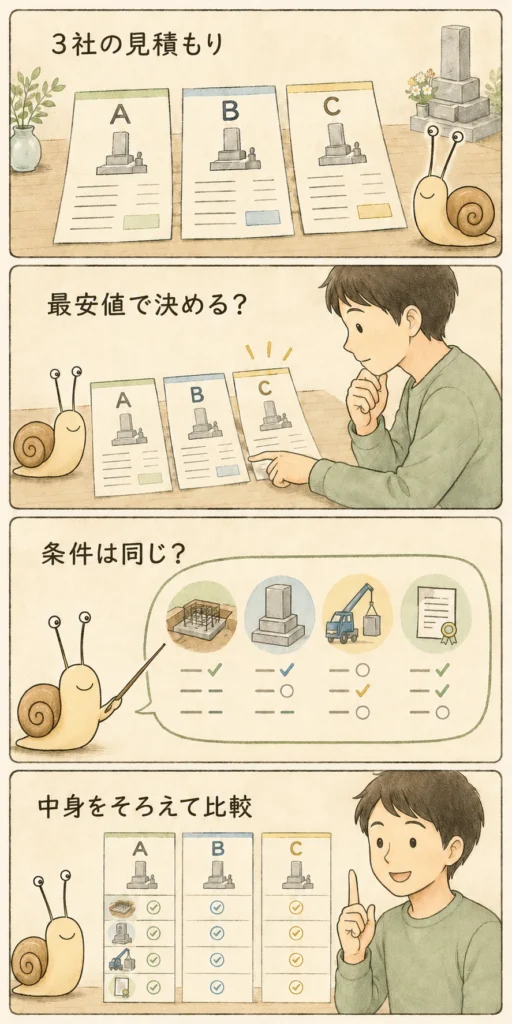 墓石の見積もりを総額だけでなく条件をそろえて比較する4コマ