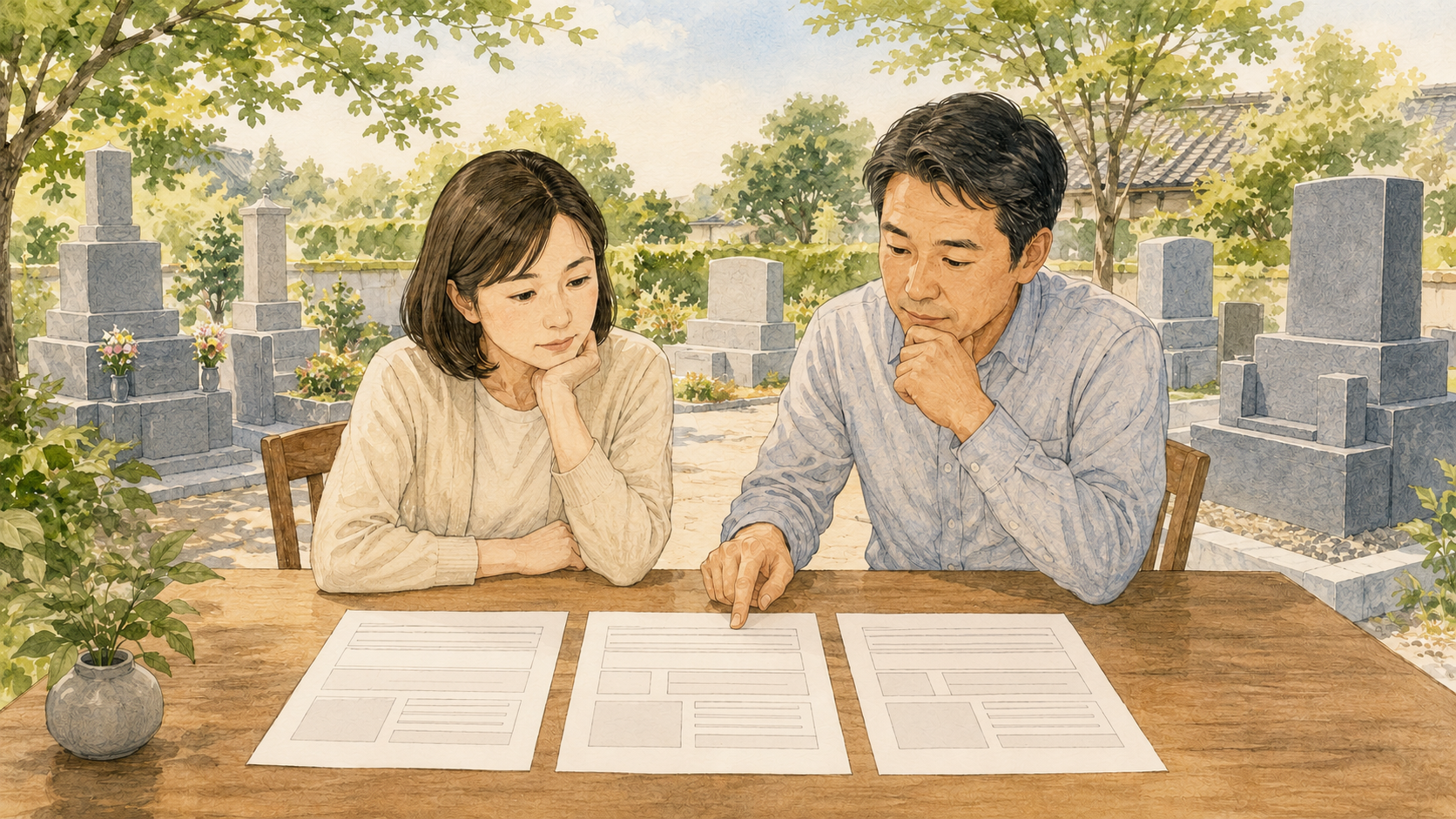墓地で3社分の墓石見積もりを比較する家族のイラスト