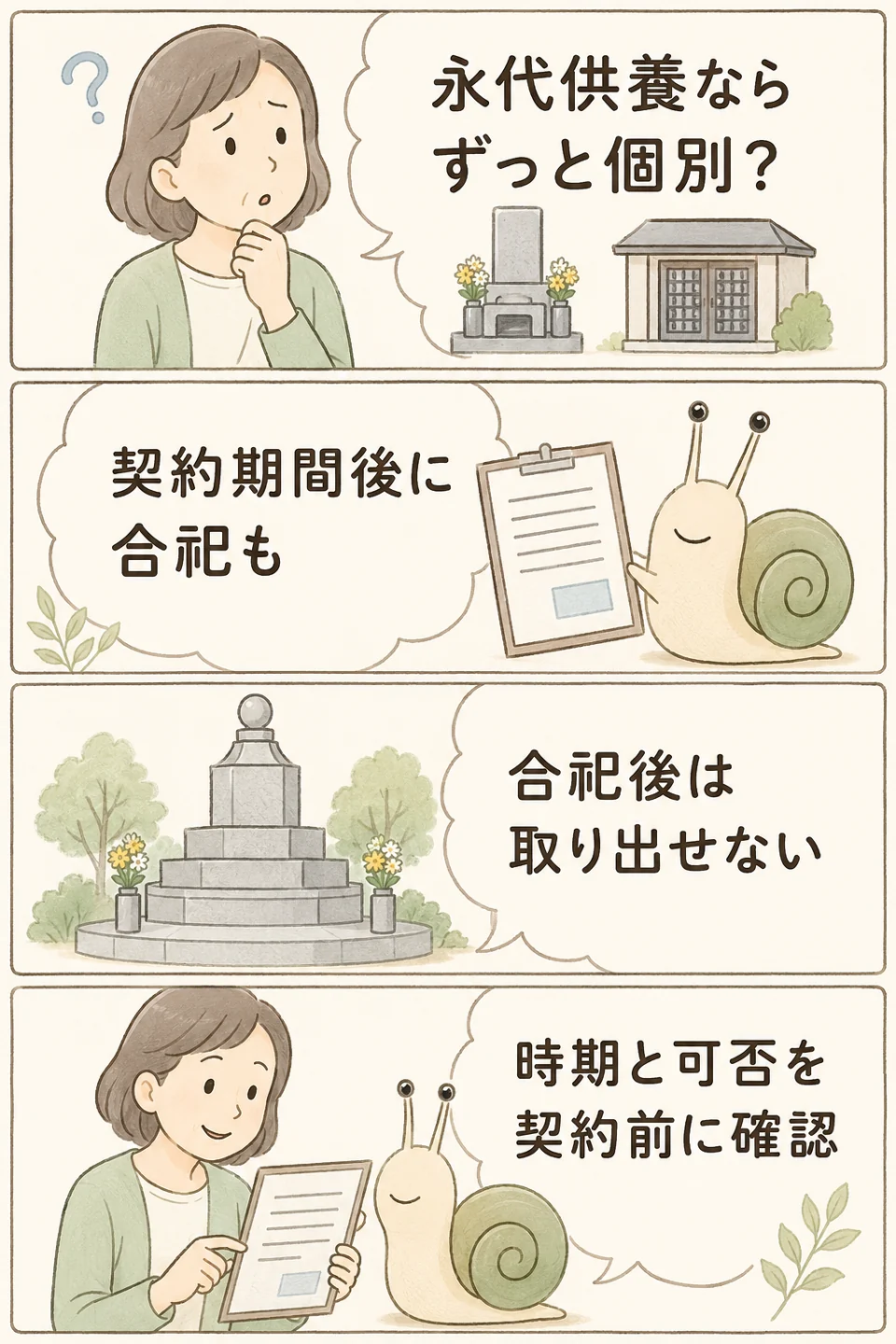 永代供養の契約前に、個別安置の期間、合祀の時期、合祀後は遺骨を取り出せないことを確認する4コマ