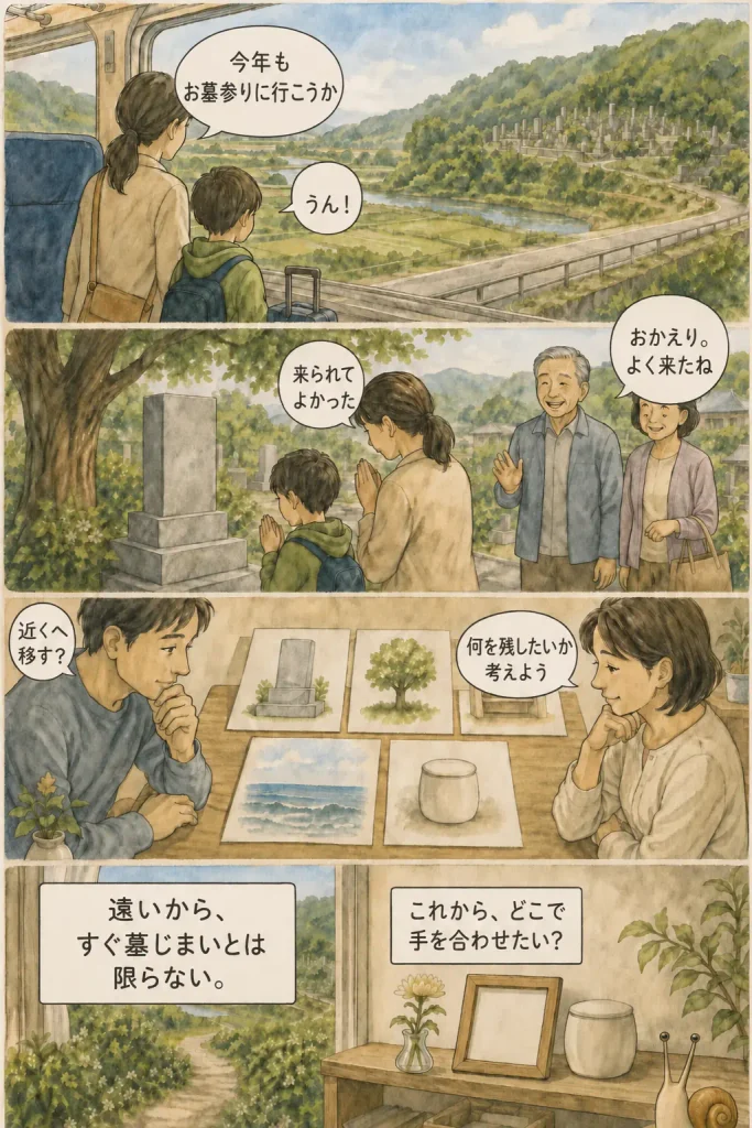 遠いお墓を残す意味と墓じまい後の供養方法を考える文字入り4コマ
