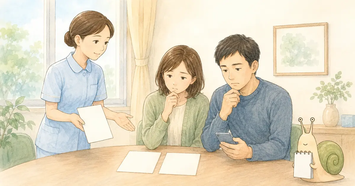 病院から葬儀社の紹介を受け、家族で依頼先を検討する場面のイメージイラスト
