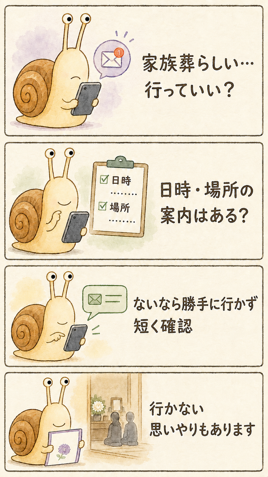 家族葬に呼ばれていないときの参列判断を解説する縦4コマ