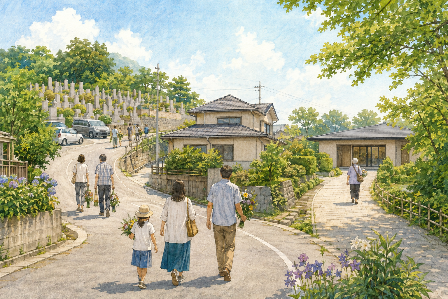 お盆に墓地と葬儀会館へ仏花を持って向かう人々