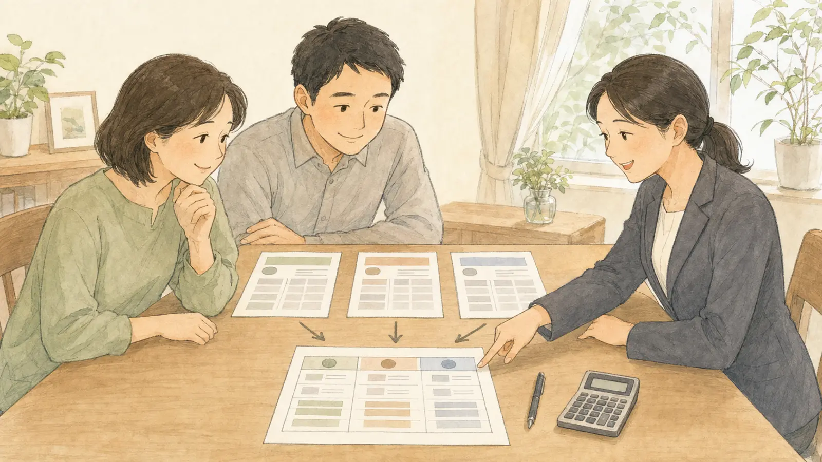 葬儀社3社の見積もりを比較シートで確認する家族と相談員