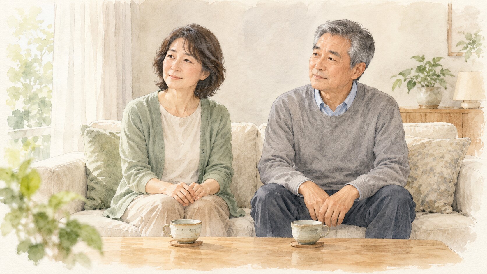 葬儀までの待ち時間に、自宅で休息を取る家族のイラスト