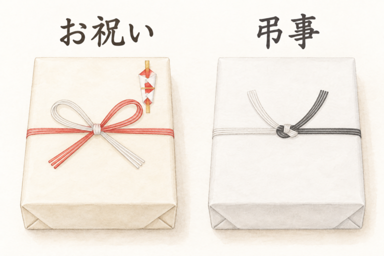 お祝いの包みには右上にのし飾りがあり、弔事の包みにはのし飾りがないことを示す水彩イラスト