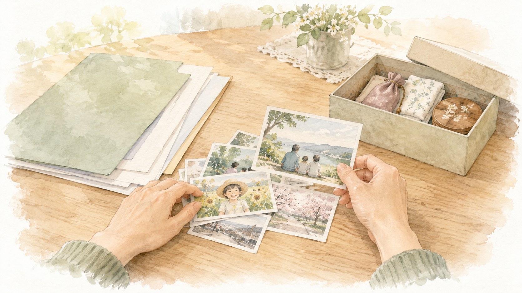 写真と書類、小さな思い出の箱をテーブルで整理する手元の水彩画