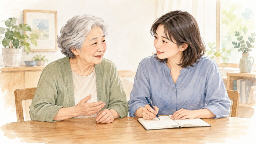 高齢の母親に寄り添い、相談内容をノートにメモする成人した娘の水彩イラスト