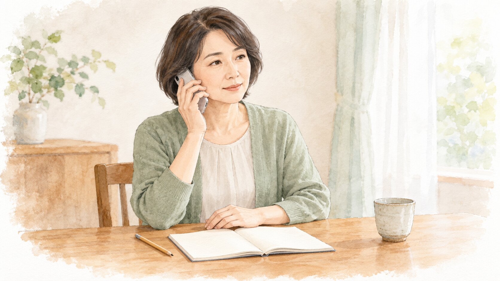 ノートを手元に置き、葬儀社へ電話で確認する家族のイラスト