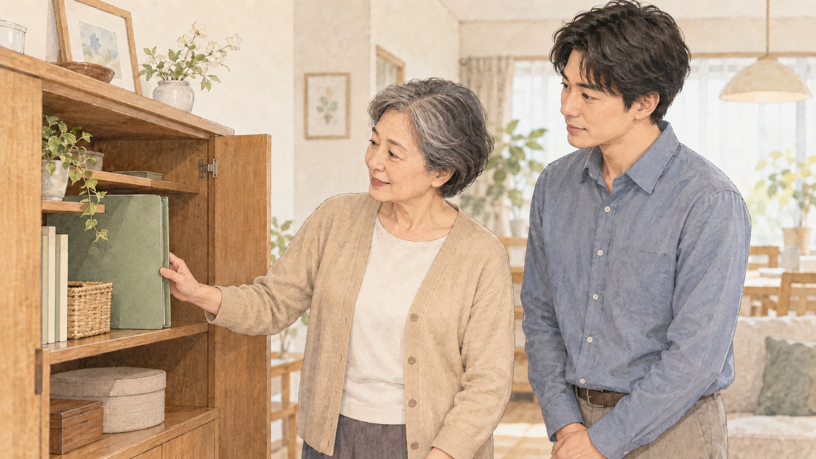戸棚の書類ファイルの置き場所を母親が成人した息子に伝える水彩画