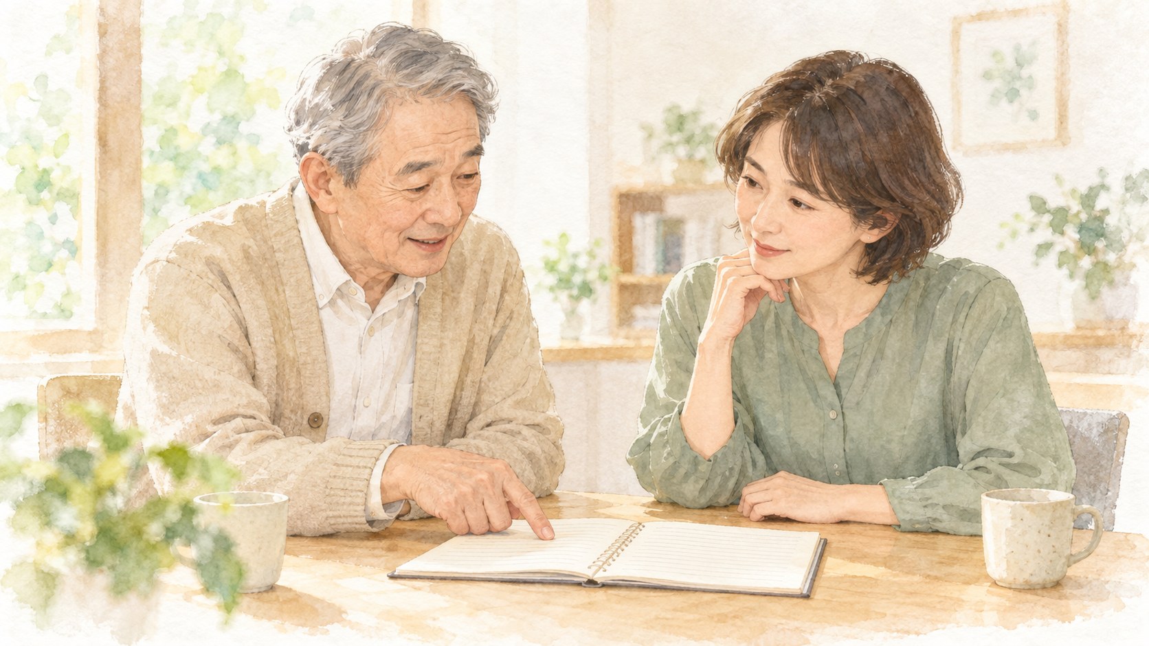 ノートを広げ、自分の希望を相談相手と話す二人の水彩画