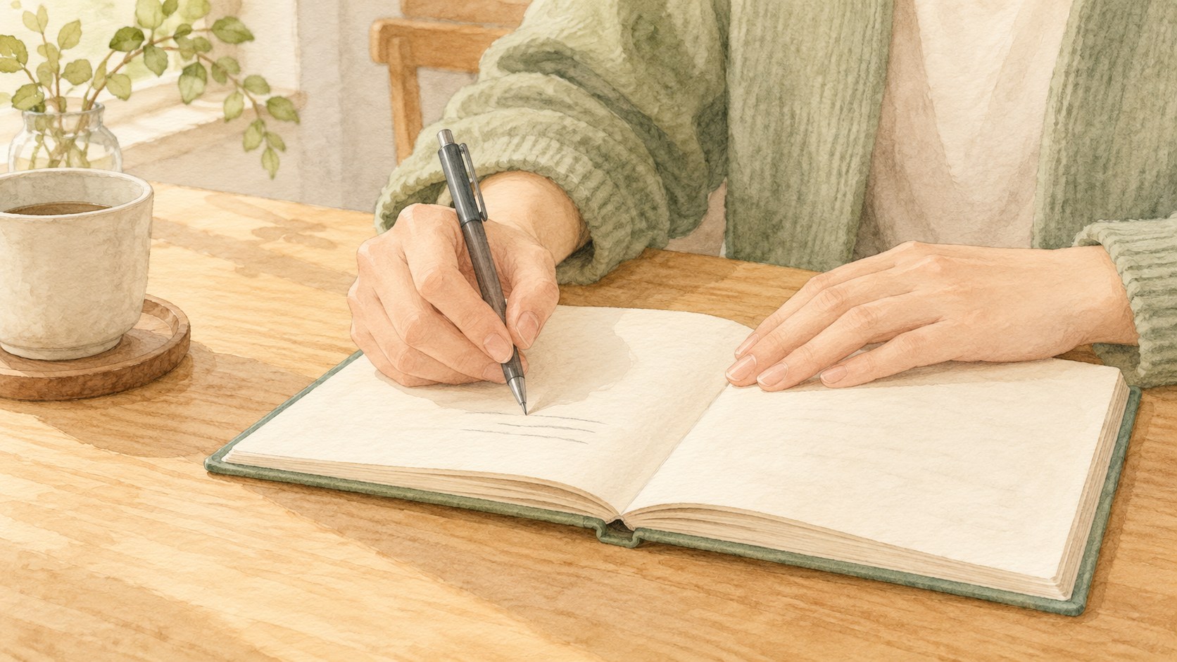 開いたノートにペンで一項目を書き始める手元の水彩画