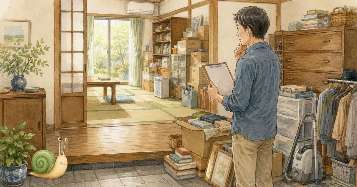 実家の片付け費用を考える家族と、物が残る室内